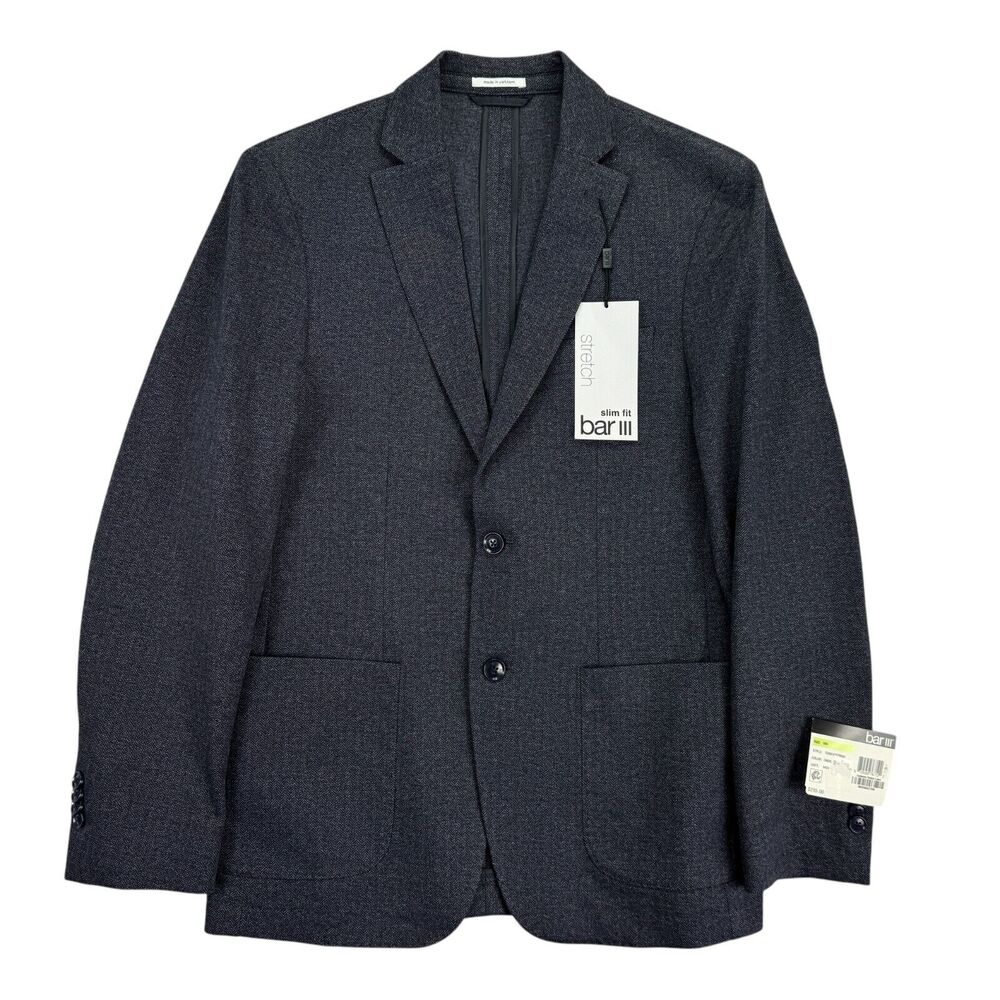 Bar III Mens Slim Fit Knit Herringbone Stretch Sport Coat Dark Blue 38R